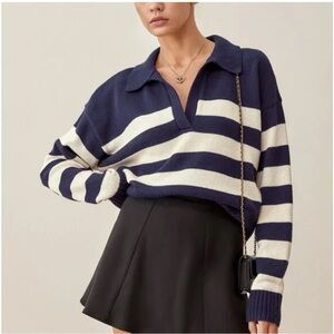 Reformation Francesco Striped Navy Cream Cotton Polo Sweater Size Small